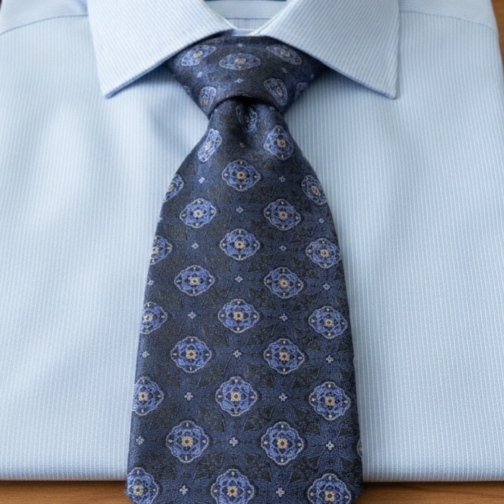 Serica Made in Italy Pure Silk Tie Geometric Floral Blue Gold Classic 3.5" Width